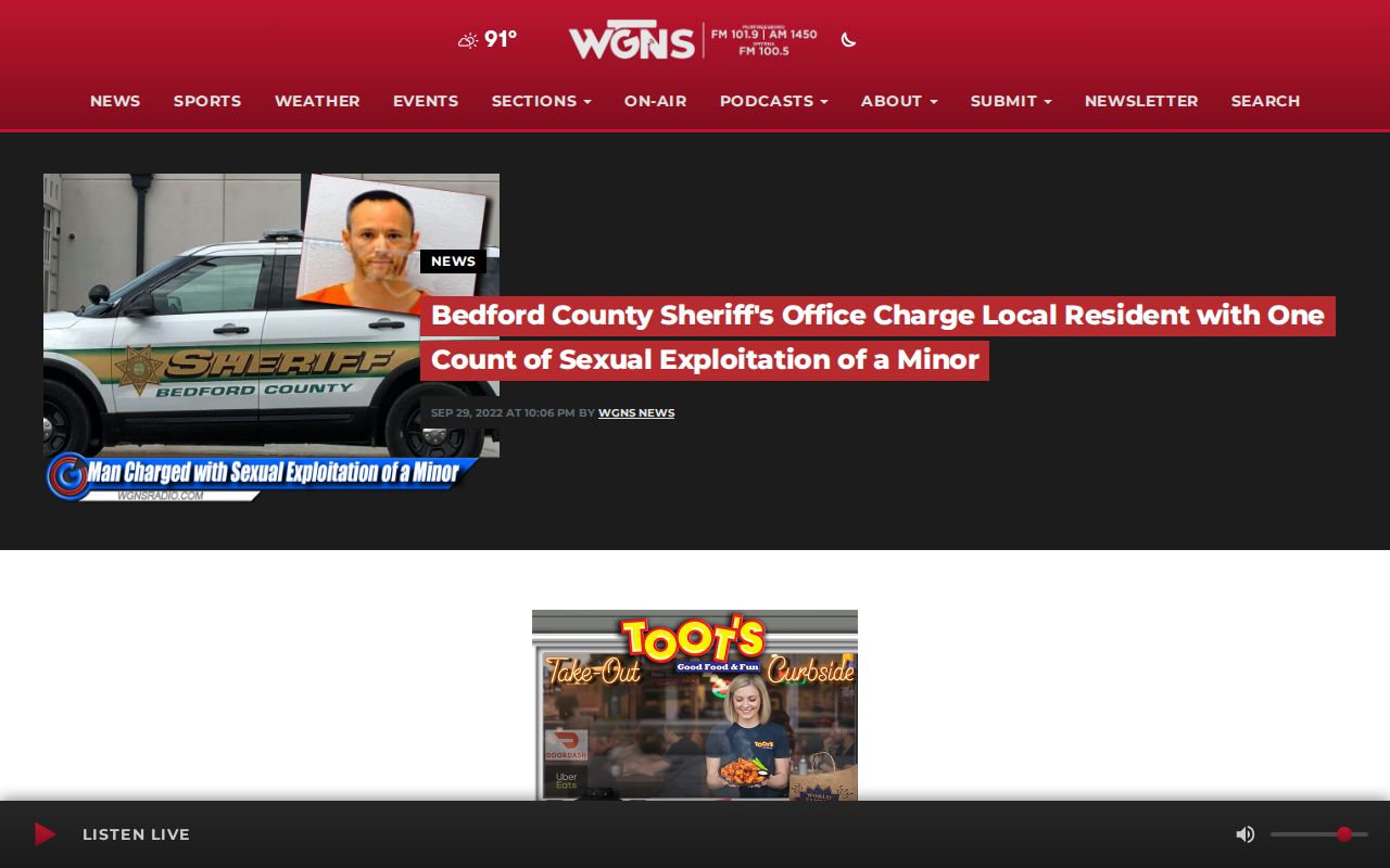 WGNS Bedford County arrest news source with agency-photo context