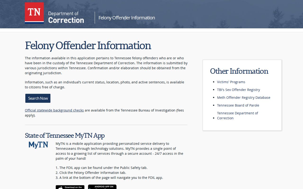 Bedford County state offender record search on the Tennessee Department of Correction locator