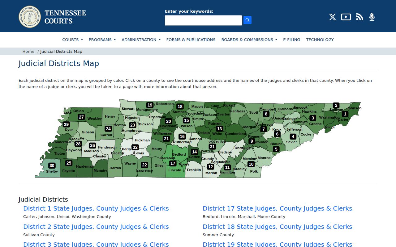 Tennessee judicial district source for Bedford County warrant court routing