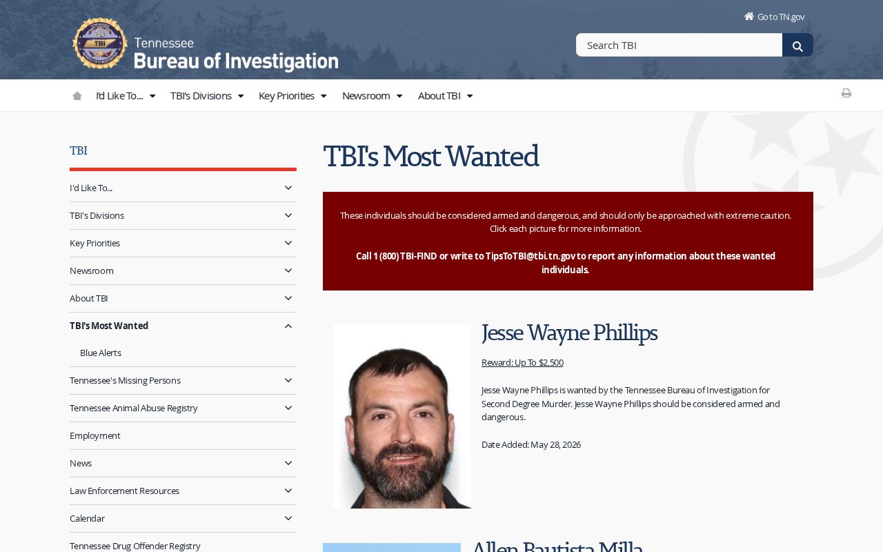 TBI statewide wanted-list record source for Bedford County warrant context